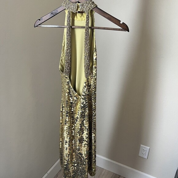 Cache Gold Sequin Dress Beaded High Neck Halter Embellished Open Back Size 4 - Picture 3 of 8